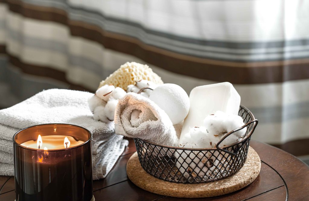 cozy spa composition aroma candles bath towels soap body care hygiene concept (1) 11zon